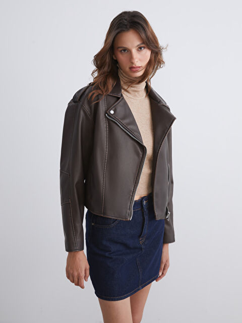 LCW Vision Biker Yaka Kadın Deri Görünümlü Ceket - W56991Z8-D7V