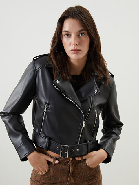 LCW Vision Biker Yaka Kadın Deri Görünümlü Ceket - W57770Z8-CVL