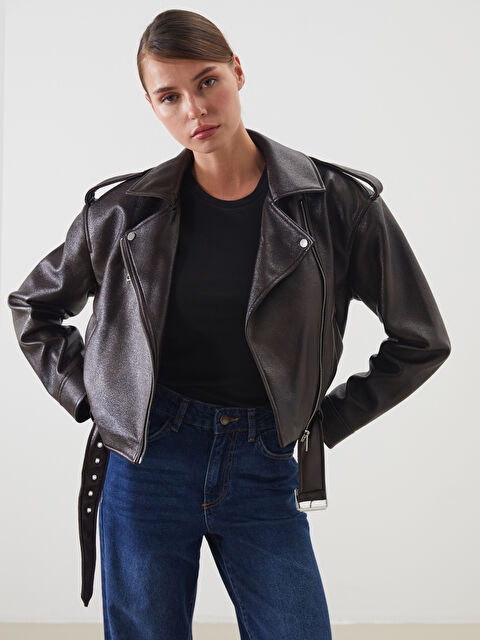 LCW Vision Biker Yaka Kemerli Kadın Deri Görünümlü Ceket - W57774Z8-D7V