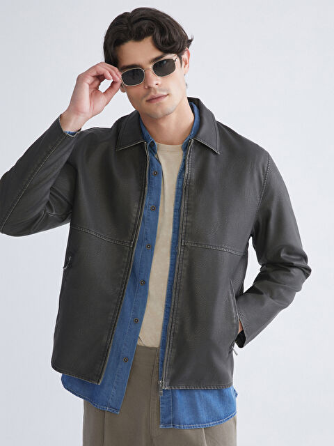 XSIDE Standart Kalıp Gömlek Yaka Erkek Deri Görünümlü Ceket - W59282Z8-CVL