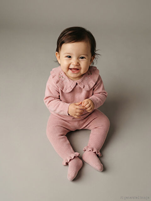 LCW baby Bebe Yaka Kız Bebek Triko Sweatshirt ve Tayt 2'li - W59612Z1-RPW