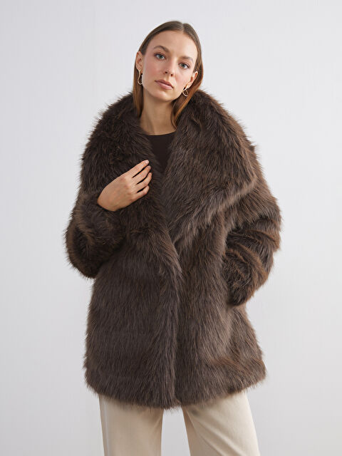 LCW Modest Ceket Yaka Oversize Kadın Kürk Mont - W5AP77Z8-GCM