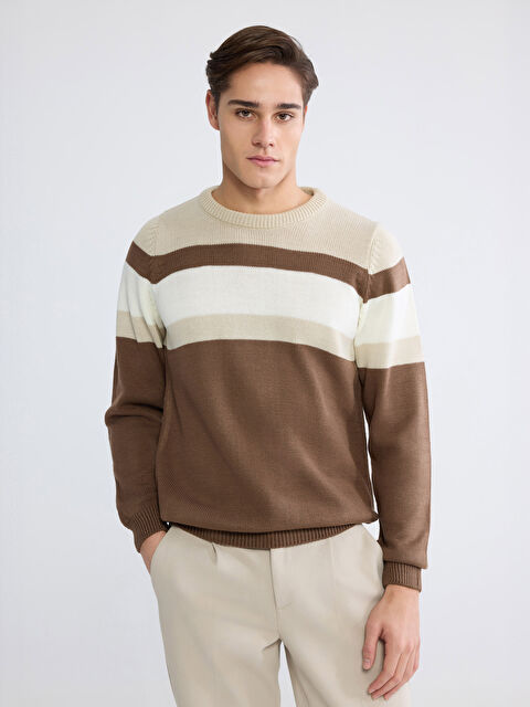 LCWAIKIKI Classic كنزة صوفية تريكو مُخَطَّطة برقبة دائرية للرجال - W5AU27Z8-HED