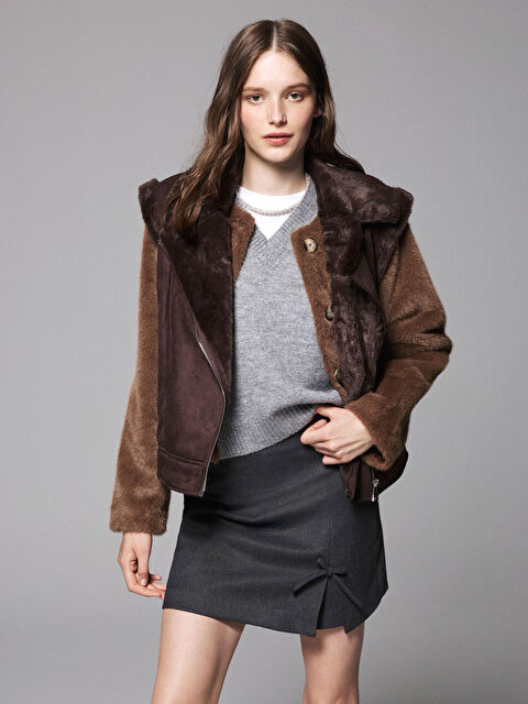 XSIDE Kürklü Biker Yaka Süet Kadın Yelek - W5DF65Z8-YAU