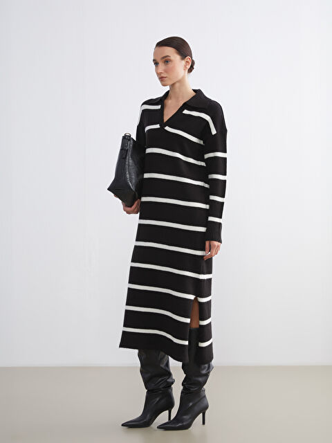 LCW Comfort Polo Neck Striped Slit Knit Dress - W5DO18Z8-LEG
