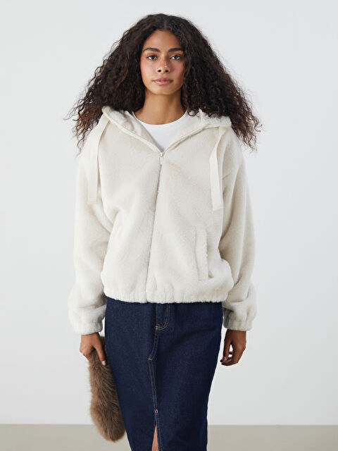 XSIDE Kapüşonlu Oversize Kadın Pelüş Ceket - W5DQ75Z8-RFC