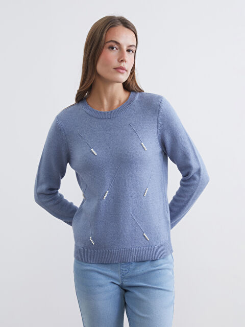 LCW Comfort Bisiklet Yaka İnci İşlemeli Kadın Triko Kazak - W5FK80Z8-ZXD