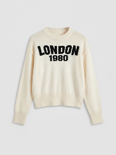 LCW Kids Bisiklet Yaka Kız Çocuk London Baskılı Triko Kazak - W5FQ12Z4-FES