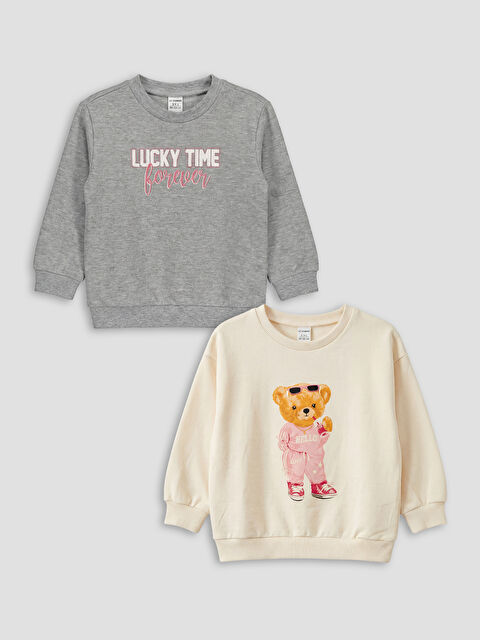 LCW Kids Girls' Two-Piece Thick Sweatshirt Set with Teddy Bear Print - W5G217Z1-FRC