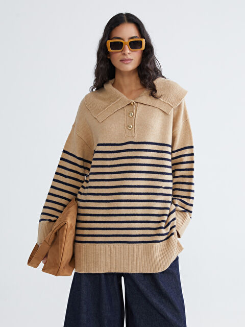 LCW Modest Polo Yaka Çizgili Kadın Triko Kazak - W5GU29Z8-LKM