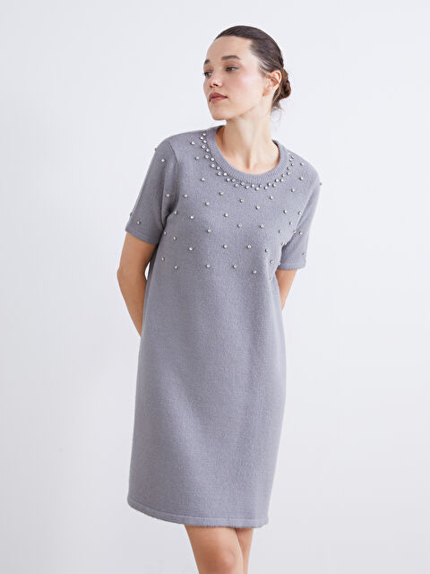 LCW Comfort Crew Neck Rhinestone Embellished Mini Knitwear Dress - W5H166Z8-D1J