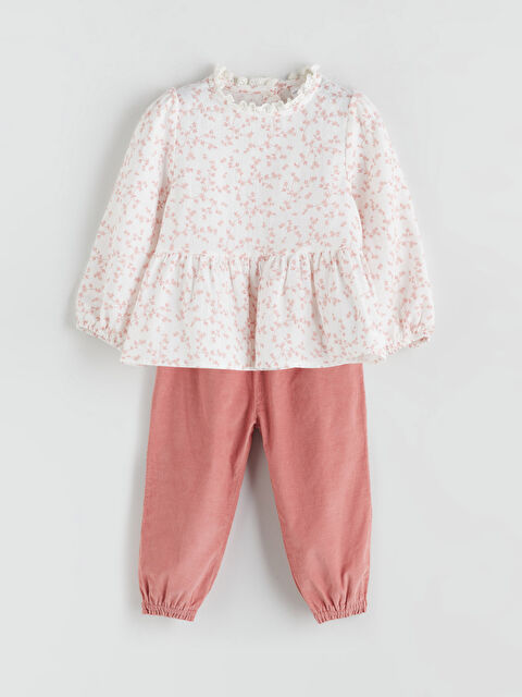 LCW baby Bisiklet Yaka Çiçekli Kız Bebek Bluz ve Pantolon 2'li - W5I333Z1-LQB