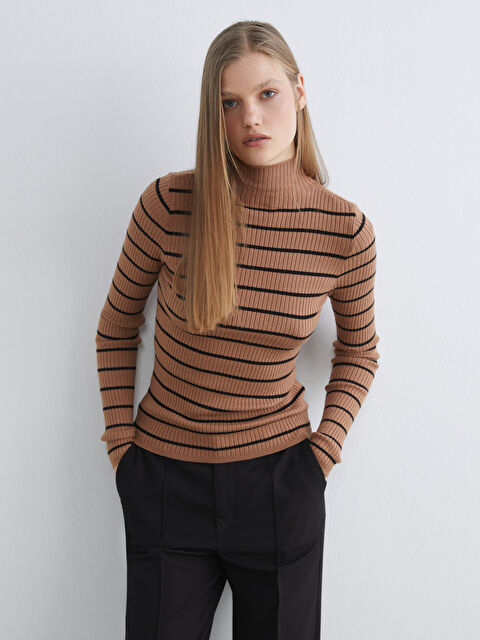 LCW Vision Half Turtleneck Striped Women's Knitwear Sweater - W5IB80Z8-LEW