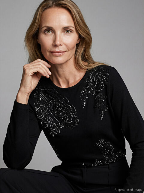 LCW Grace Bisiklet Yaka Desenli Kadın Tişört - W5IL26Z8-DW9