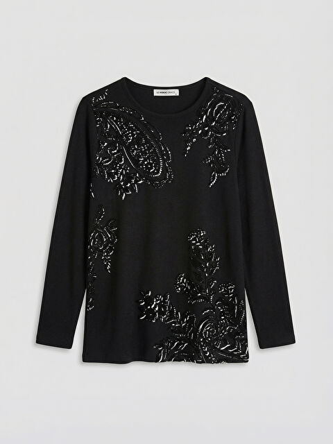 LCW Grace Bisiklet Yaka Desenli Kadın Tişört - W5IL26Z8-DW9