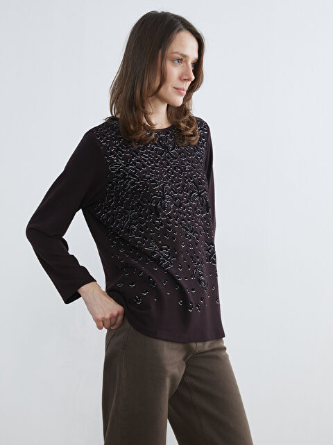 LCW Grace Bisiklet Yaka Desenli Kadın Tişört - W5IL28Z8-HDD