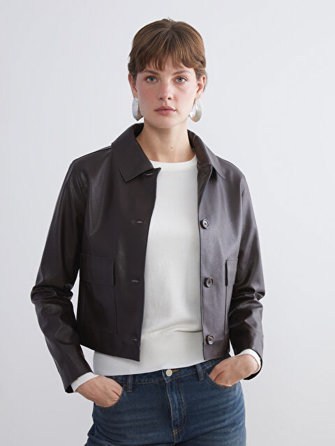 LCW Vision Gömlek Yaka Kadın Deri Görünümlü Ceket - W5IT38Z8-CT9