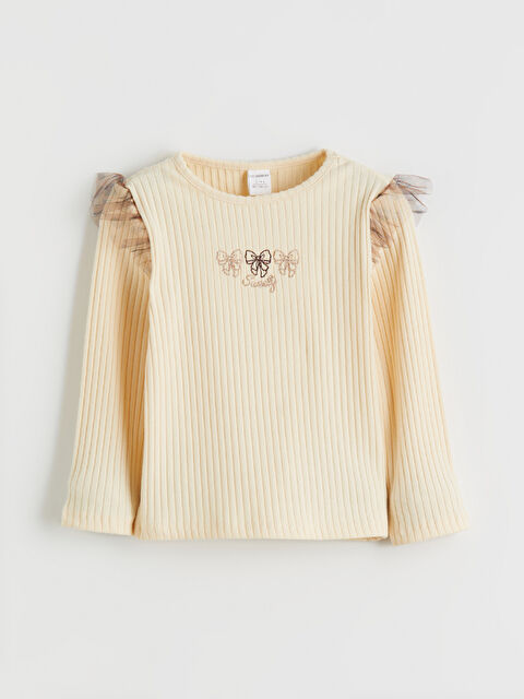 LCW Kids Bisiklet Yaka Fırfırlı Nakışlı Kız Çocuk Tişört - W5JB02Z1-FF7