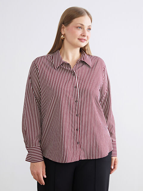 LCWAIKIKI Classic Büyük Beden Çizgili Oversize Poplin Kadın Gömlek - W5JF11Z8-E48