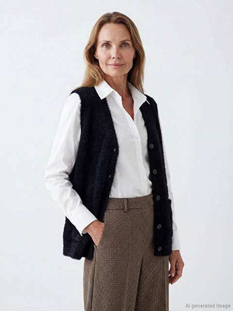 LCW Grace Büyük Beden V Yaka Kadın Pelüş Yelek - W5JF98Z8-CVL