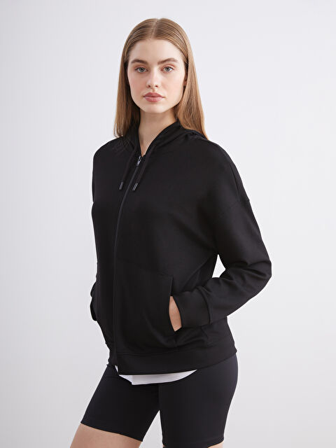 KOOR SPORT Siyah Kapüşonlu Soft Touch Kadın Fermuarlı Sweatshirt