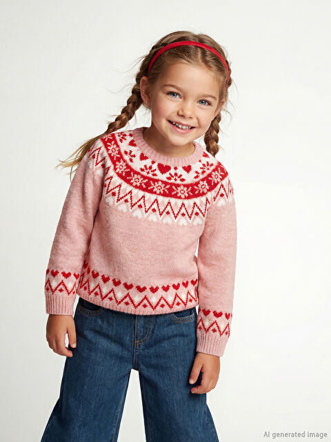 LCW Kids Bisiklet Yaka Desenli Kız Çocuk Triko Kazak - W5JO48Z1-MLW