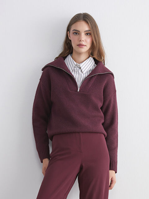 LCW Modest Zippered Polo Neck Women's Knit Sweater - W5JT83Z8-DPM