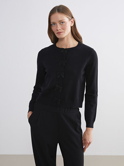 LCW Comfort Crew Neck Bow Buttoned Women's Knitwear Cardigan - W5JT93Z8-CVL