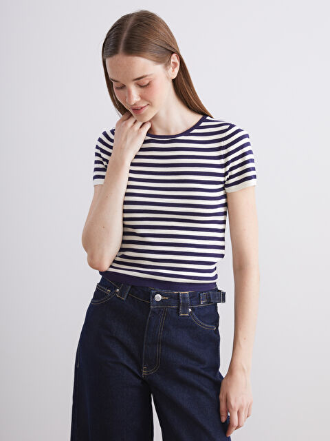 XSIDE მრგვალი საყელო ზოლიანი ქალებისთვის ტრიკოტაჟი სვიტერი - W5JU01Z8-LGS