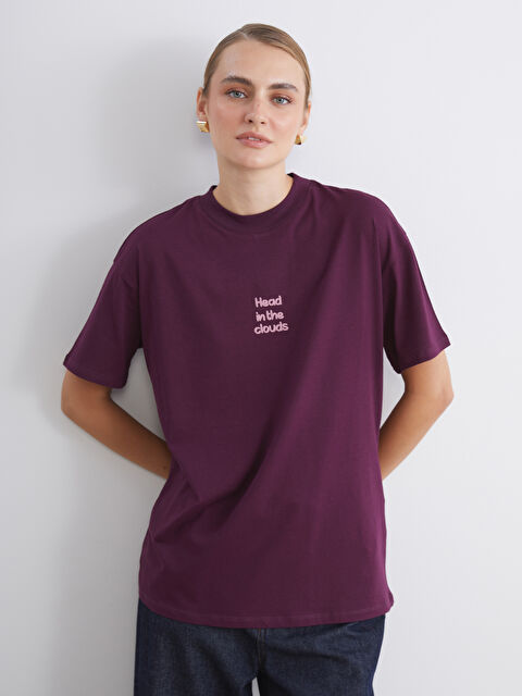 LCW Modest Bisiklet Yaka Baskılı Kadın Tişört - W5JY26Z8-HRE