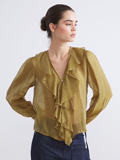 LCW Vision V Yaka Fırfırlı Şifon Bluz - W5KD35Z8-GPD