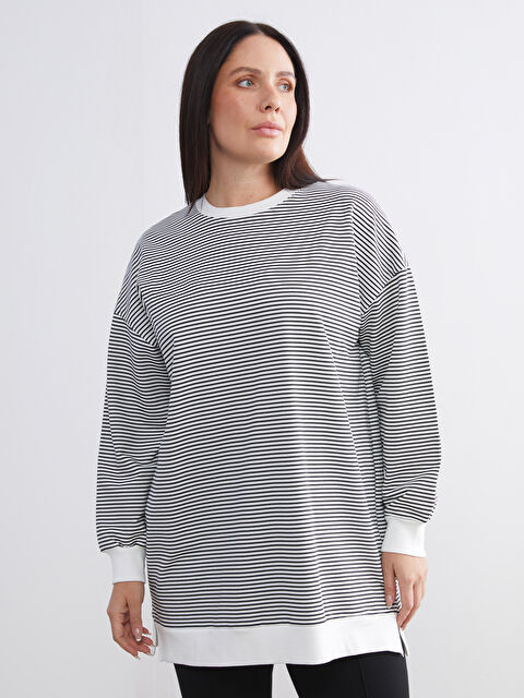 LCW Modest Büyük Beden Bisiklet Yaka Çizgili Kadın Sweatshirt Tunik - W5KH36Z8-LEG