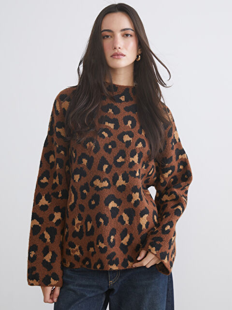 LCW Vision Funnel Neck Leopard Print Oversize Women's Knitwear Sweater - W5KM22Z8-LQY