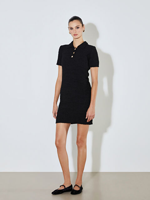 Soulife Polo Yaka Dokulu Triko Mini Elbise - W5KS23Z8-CVL