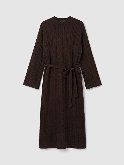 LCW Modest Bisiklet Yaka Kendinden Desenli Kuşaklı Triko Elbise - W5KT19Z8-RWU