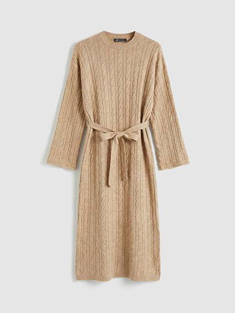 LCW Modest Bisiklet Yaka Kendinden Desenli Kuşaklı Triko Elbise - W5KT19Z8-ZVK