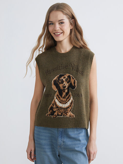 XSIDE Bisiklet Yaka Köpek Baskılı Kadın Triko Süveter - W5L660Z8-CWH