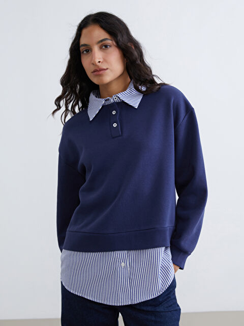 LCW Modest Gömlek Yaka Çizgili Kadın Kalın Sweatshirt Tunik - W5LD92Z8-HFH