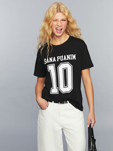 XSIDE Bisiklet Yaka Slogan Baskılı Kadın Tişört - W5LK22Z8-CVL