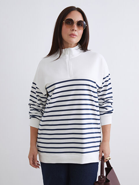 LCW Modest Büyük Beden Çizgili Kadın Sweatshirt Tunik - W5LP12Z8-LGS