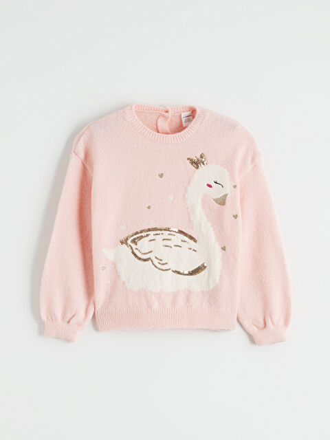 LCW Kids Kuğu Desenli Kız Çocuk Triko Kazak - W5LP88Z1-G3G