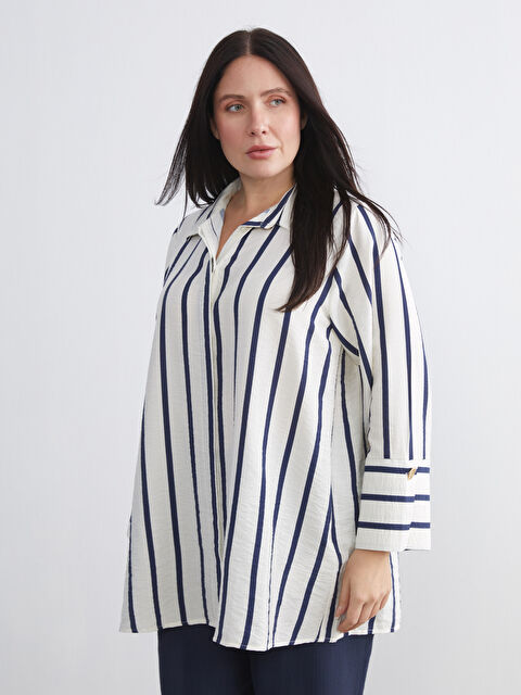 LCWAIKIKI Classic Büyük Beden Çizgili Kadın Gömlek Tunik - W5LQ44Z8-LGS
