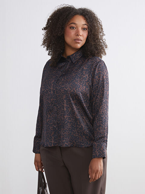 LCWAIKIKI Classic Leopar Desenli Oversize Saten Kadın Gömlek - W5LQ47Z8-LQJ