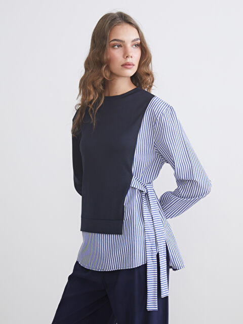 LCW Modest Bisiklet Yaka Çizgili Kadın Sweatshirt Tunik - W5LR40Z8-JC7