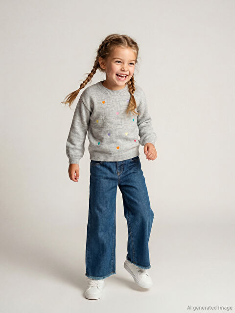 LCW Kids Kalp Nakışlı Kız Çocuk Triko Kazak - W5LR43Z1-CT3