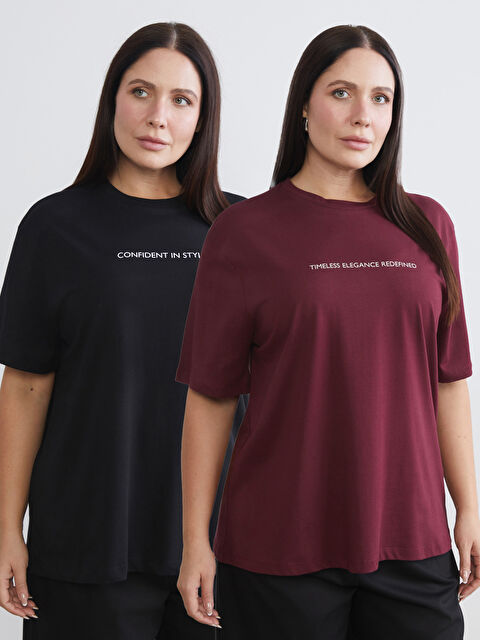 Soulife Büyük Beden Baskılı Kadın Tişört 2'li - W5LS21Z8-J0F