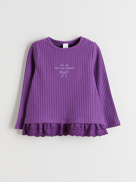 LCW Kids Bisiklet Yaka Fiyonk Nakışlı Kız Çocuk Tişört - W5M106Z1-HRT