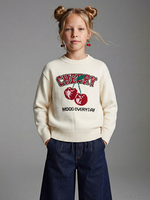 LCW Kids Bisiklet Yaka Desenli Kız Çocuk Triko Kazak - W5MC56Z4-FES