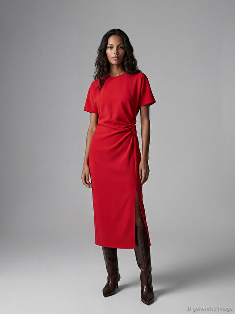 LCW Vision Bisiklet Yaka Büzgülü Krep Elbise - W5MG75Z8-HJY