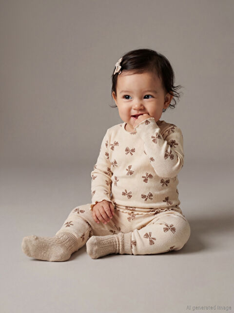 LCW baby Bisiklet Yaka Fiyonk Baskılı Kız Bebek Tişört ve Tayt - W5MJ70Z1-LQA